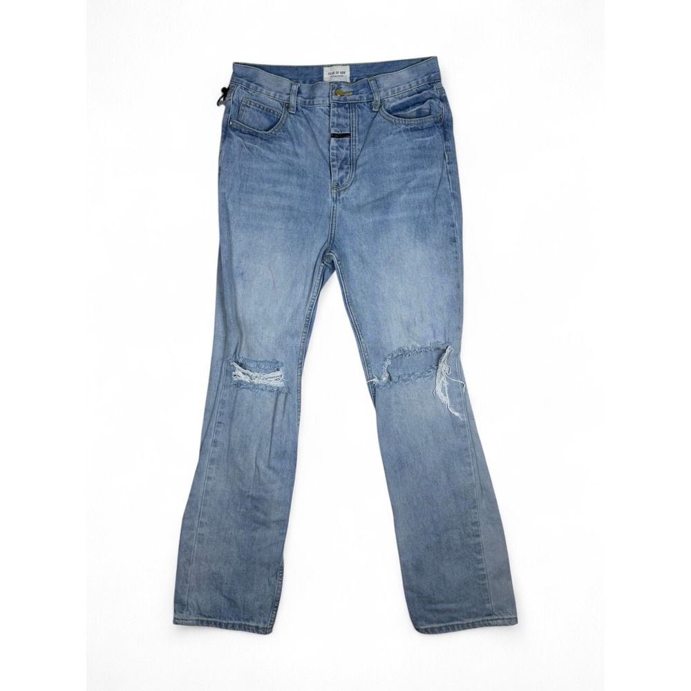 Fear of God Sixth Collection Distressed Light Wash Straight Leg Jeans FG Logo